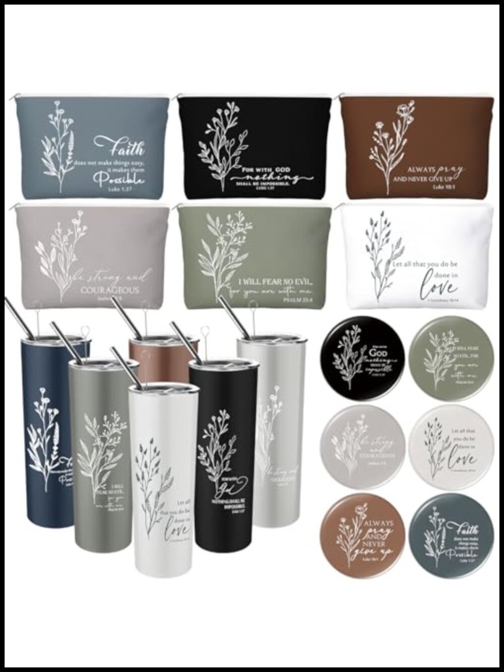 Christian Gift Set 6 Tumblers Makeup Bags Mirrors 20oz Stainless Steel Bulk